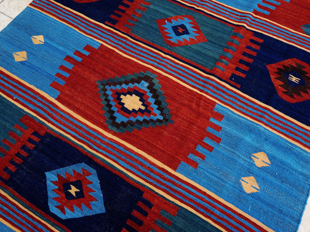 6x9 Ft Red & Blue Maimana Kilim Rug - Hand Knotted Wool Tribal Rug