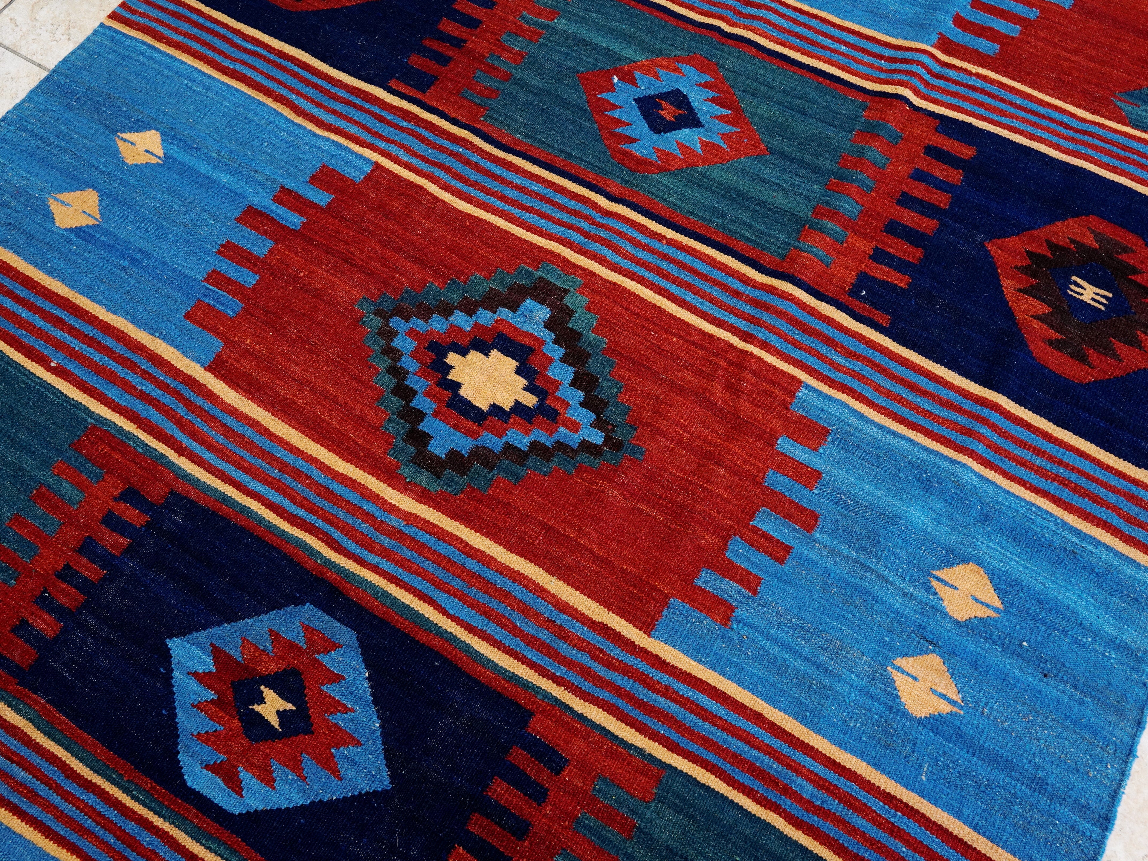 6x9 Ft Red & Blue Maimana Kilim Rug - Hand Knotted Wool Tribal Rug