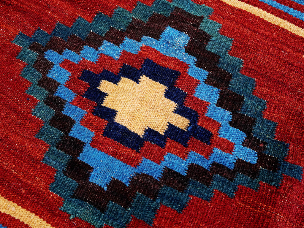 6x9 Ft Red & Blue Maimana Kilim Rug - Hand Knotted Wool Tribal Rug