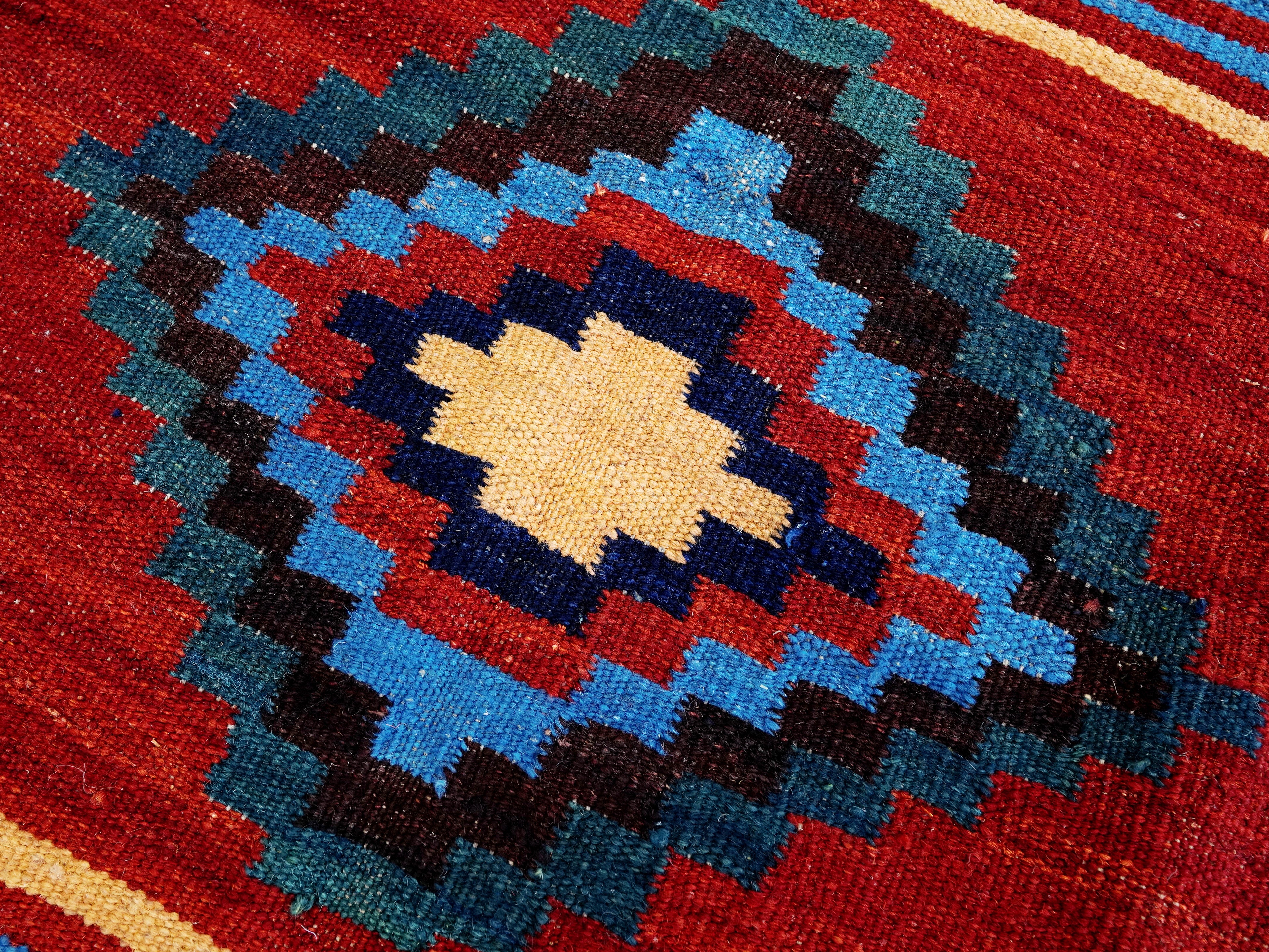 6x9 Ft Red & Blue Maimana Kilim Rug - Hand Knotted Wool Tribal Rug