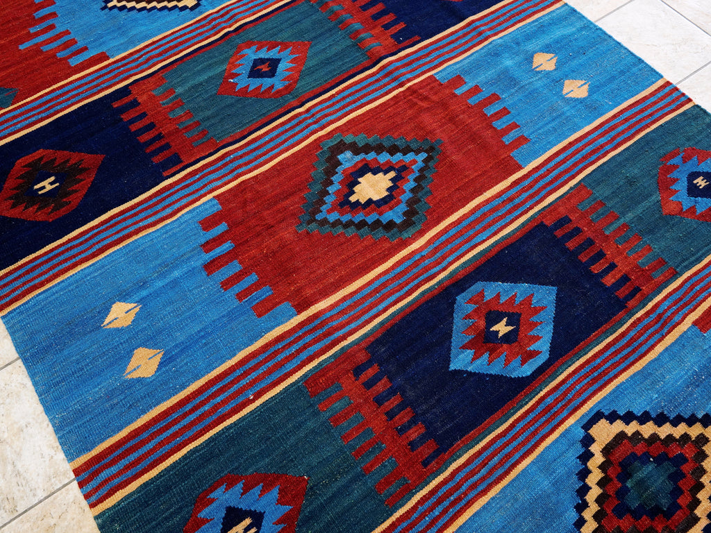 6x9 Ft Red & Blue Maimana Kilim Rug - Hand Knotted Wool Tribal Rug
