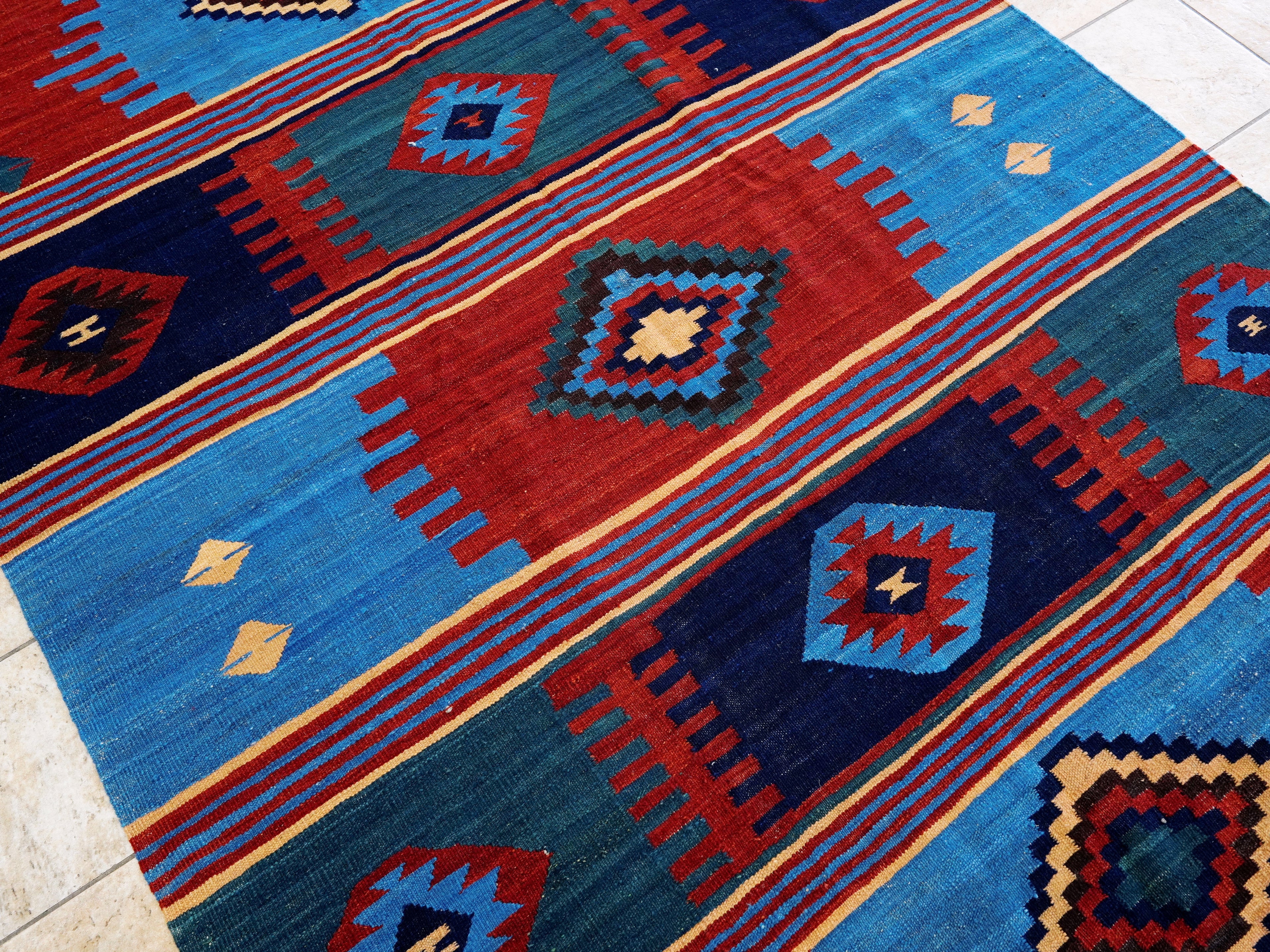 6x9 Ft Red & Blue Maimana Kilim Rug - Hand Knotted Wool Tribal Rug