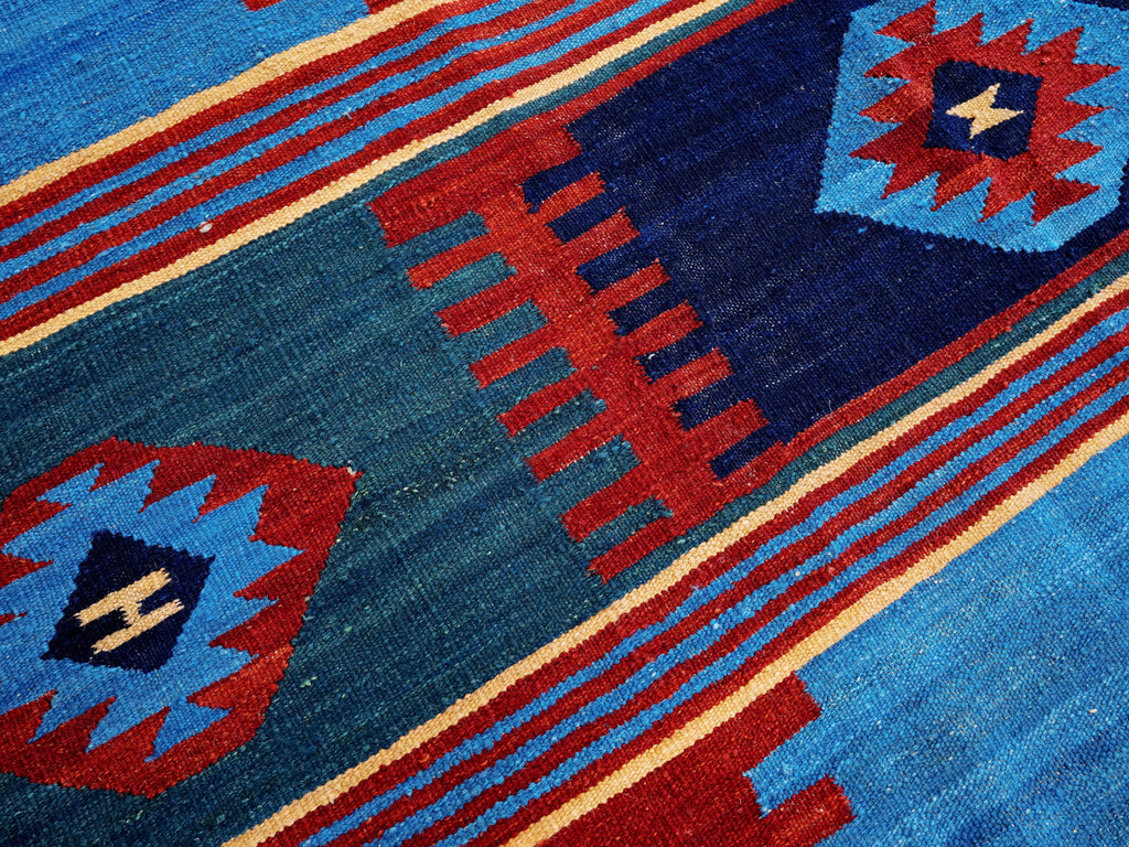 6x9 Ft Red & Blue Maimana Kilim Rug - Hand Knotted Wool Tribal Rug