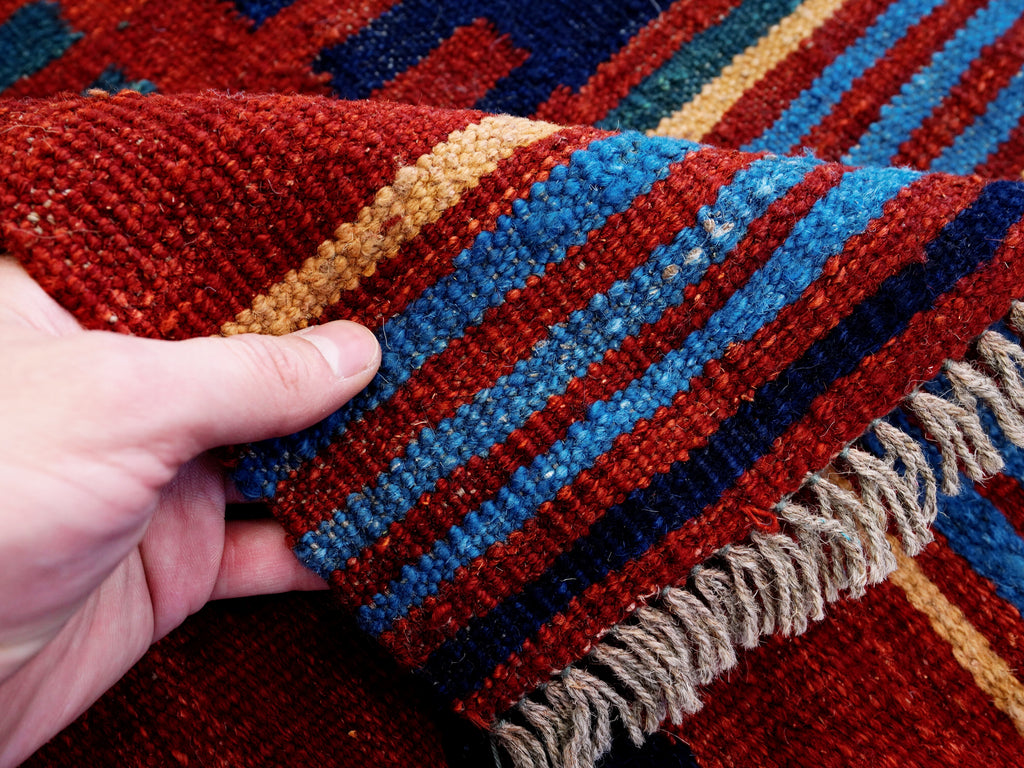 6x9 Ft Red & Blue Maimana Kilim Rug - Hand Knotted Wool Tribal Rug