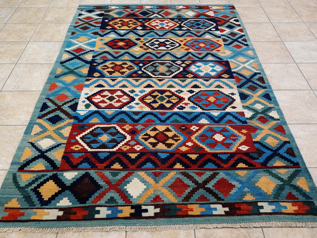 6x8 Ft Blue Kilim Rug - Afghan Tribal Flat Weave