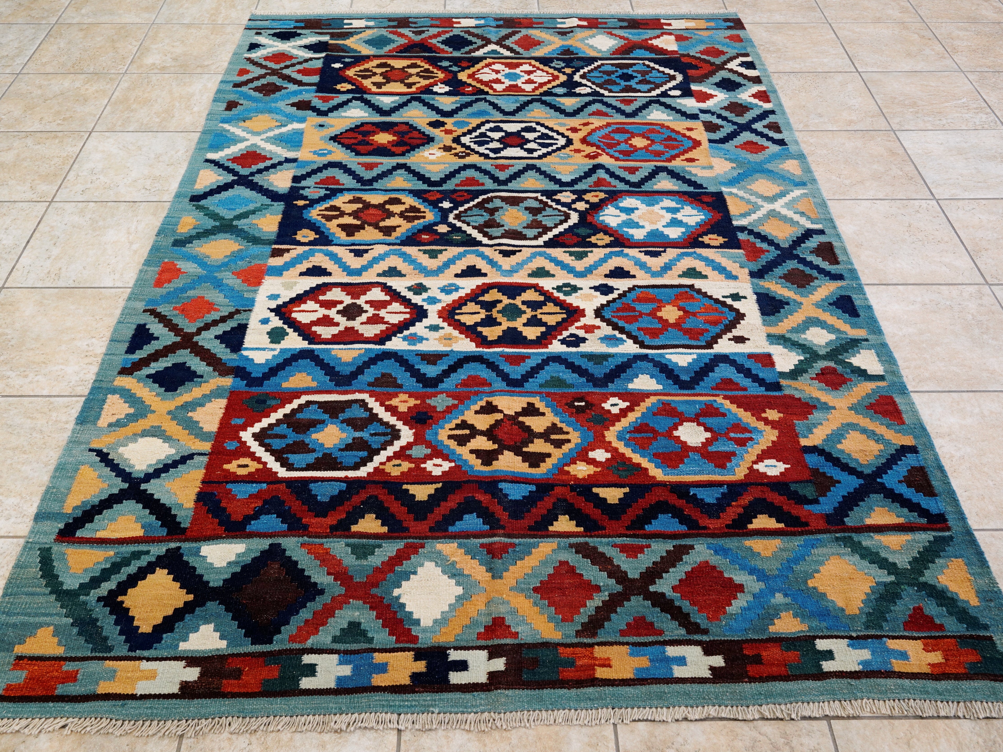 6x8 Ft Blue Kilim Rug - Afghan Tribal Flat Weave