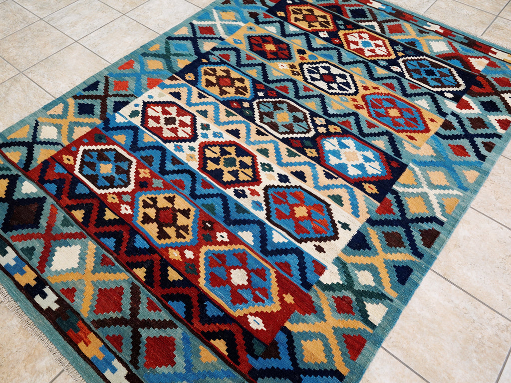 6x8 Ft Blue Kilim Rug - Afghan Tribal Flat Weave