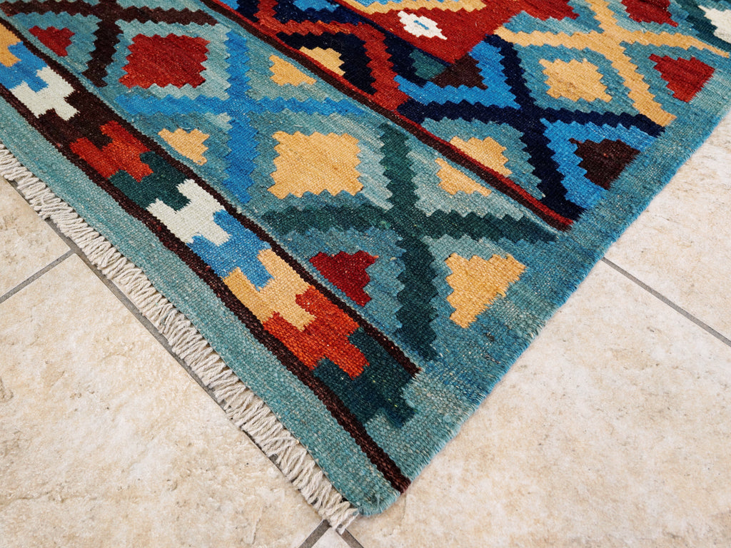 6x8 Ft Blue Kilim Rug - Afghan Tribal Flat Weave
