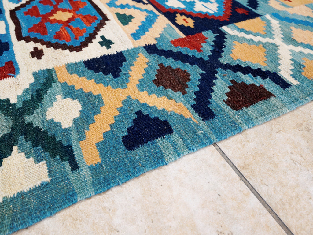 6x8 Ft Blue Kilim Rug - Afghan Tribal Flat Weave
