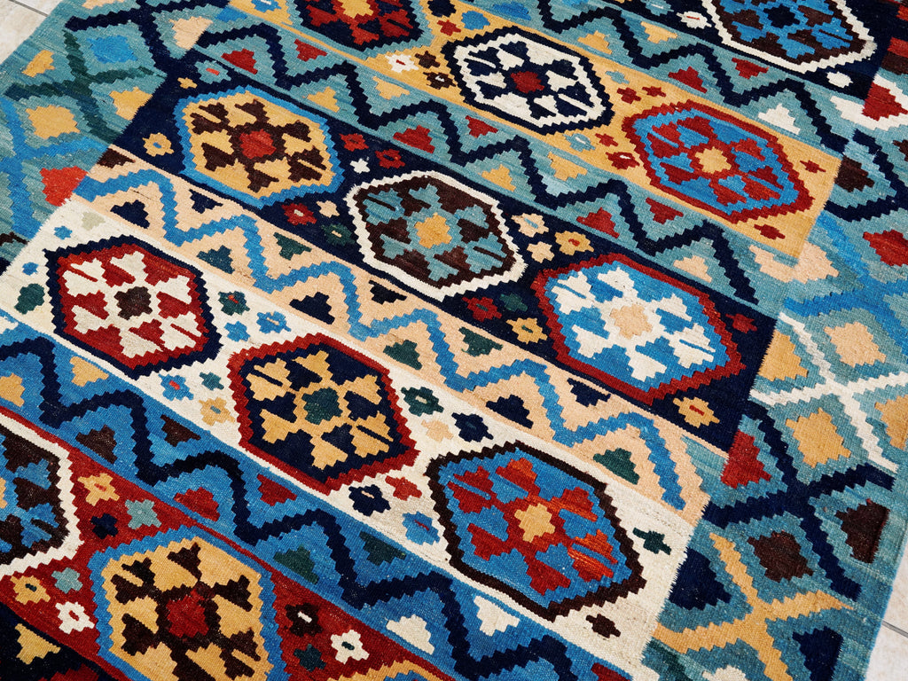 6x8 Ft Blue Kilim Rug - Afghan Tribal Flat Weave