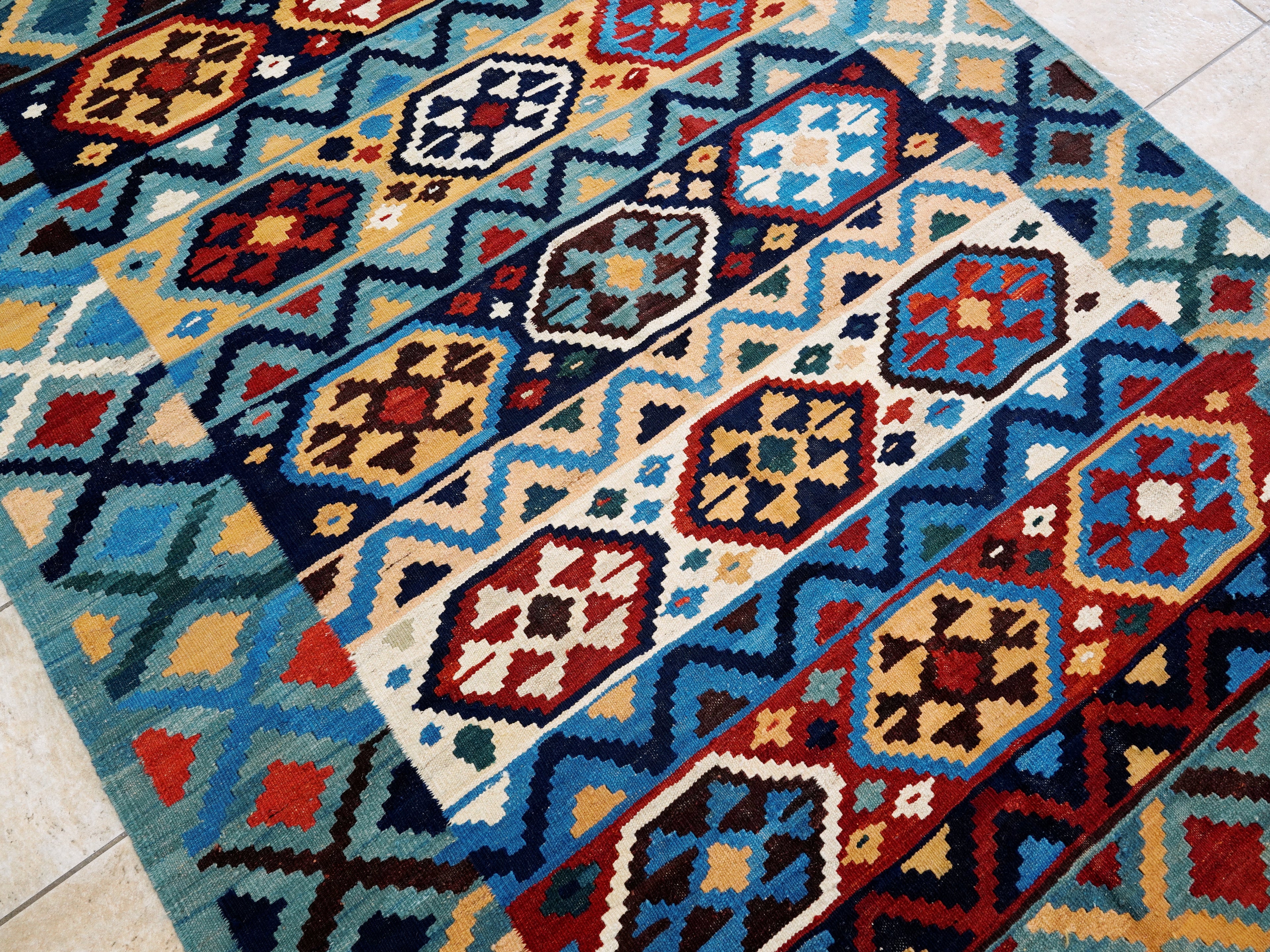 6x8 Ft Blue Kilim Rug - Afghan Tribal Flat Weave