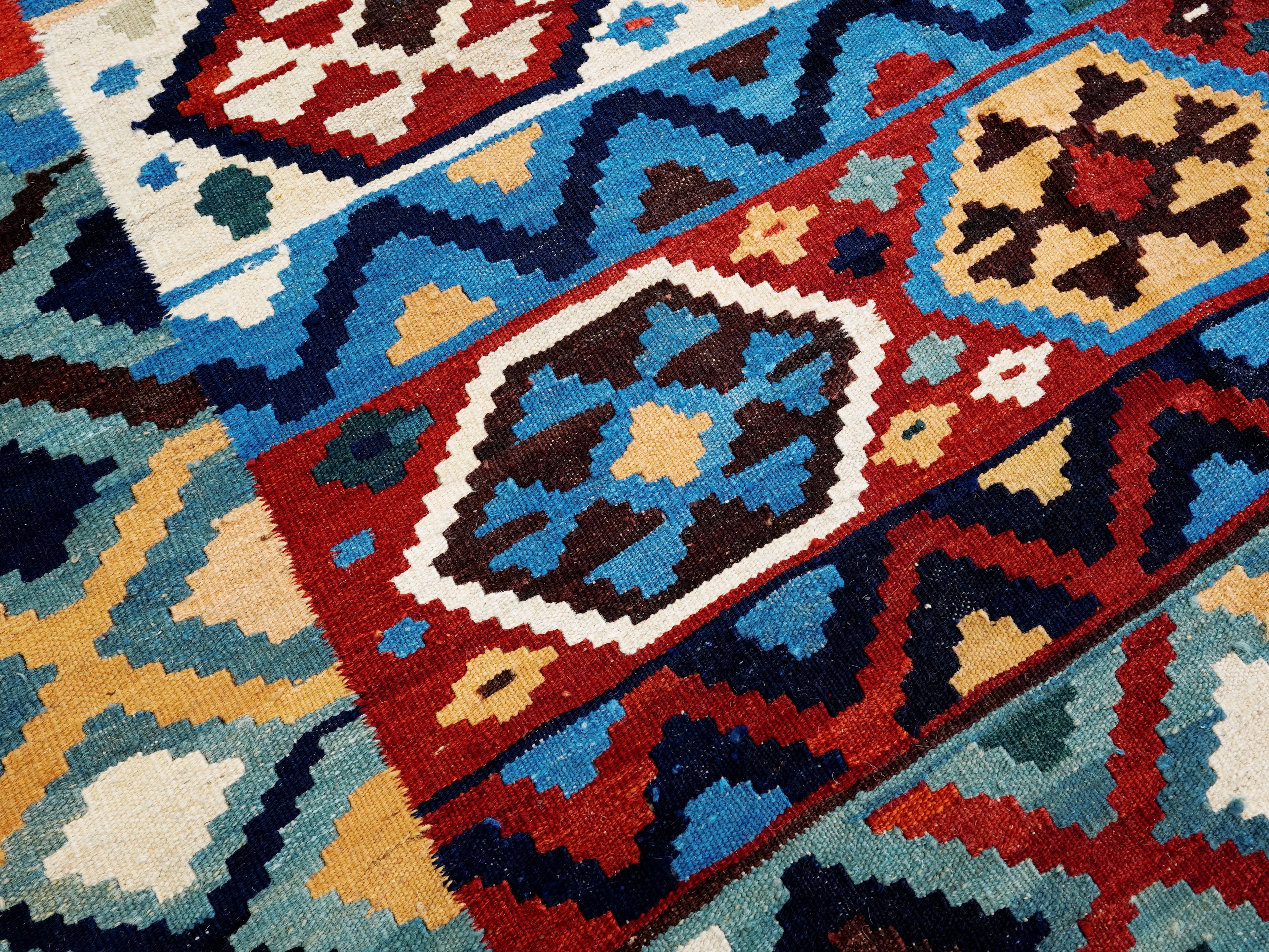 6x8 Ft Blue Kilim Rug - Afghan Tribal Flat Weave