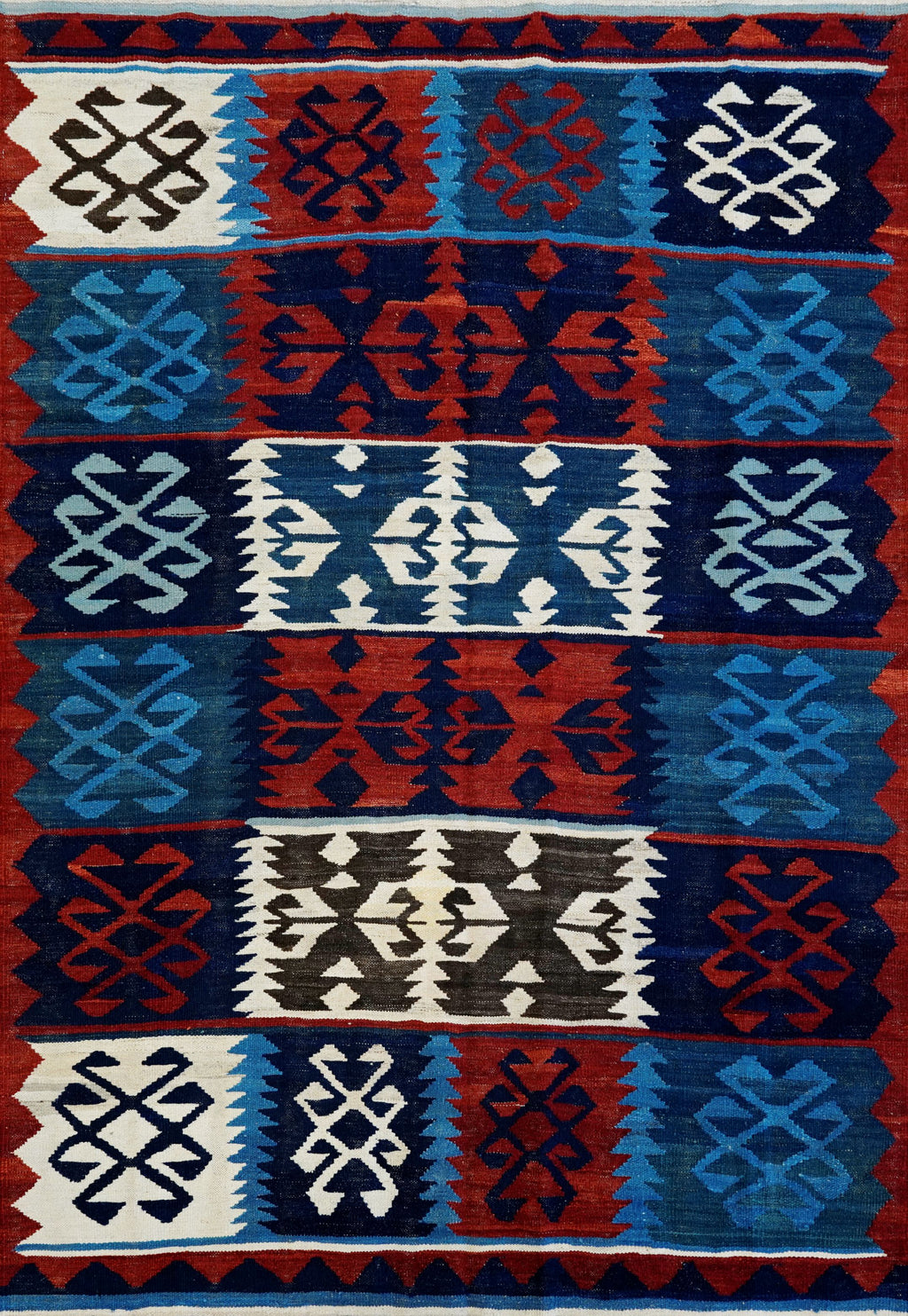 5x7 Ft Kilim Rug - Handwoven Blue & Red Afghan Flat Weave