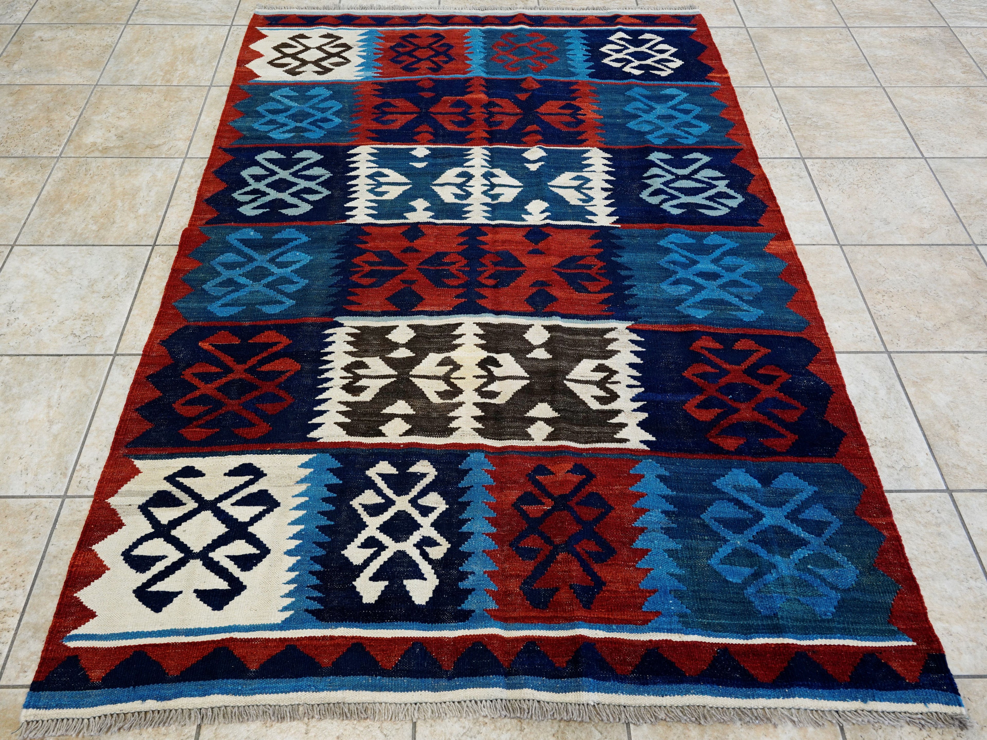 5x7 Ft Kilim Rug - Handwoven Blue & Red Afghan Flat Weave