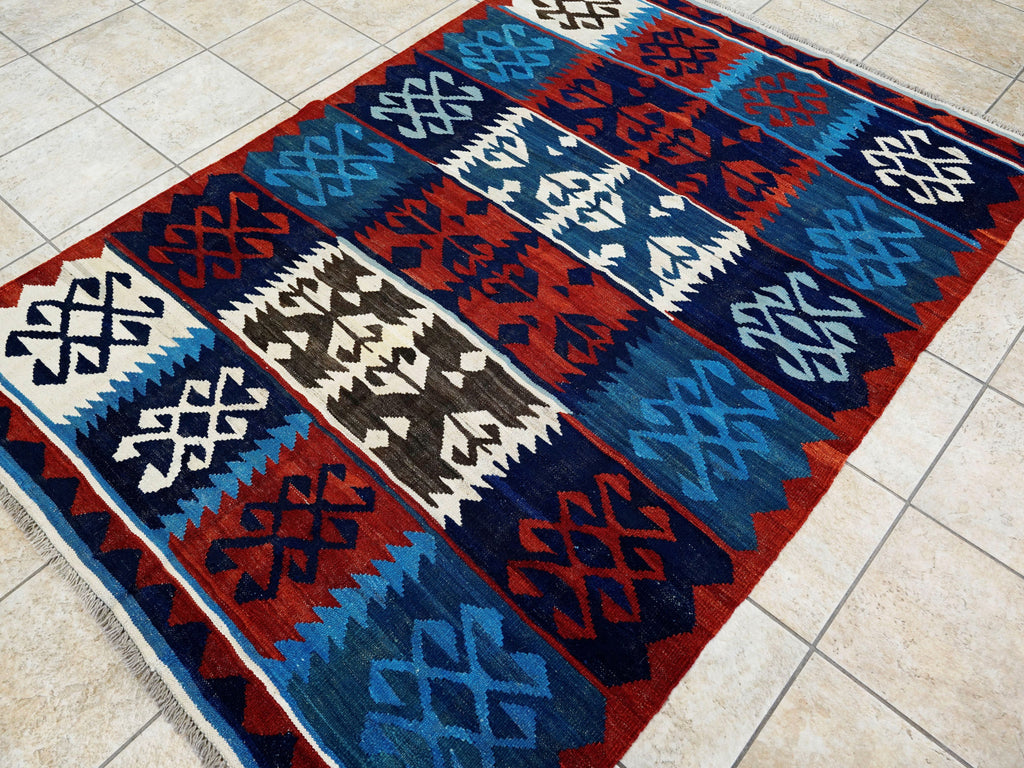 5x7 Ft Kilim Rug - Handwoven Blue & Red Afghan Flat Weave