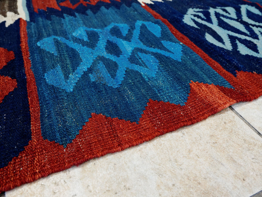 5x7 Ft Kilim Rug - Handwoven Blue & Red Afghan Flat Weave