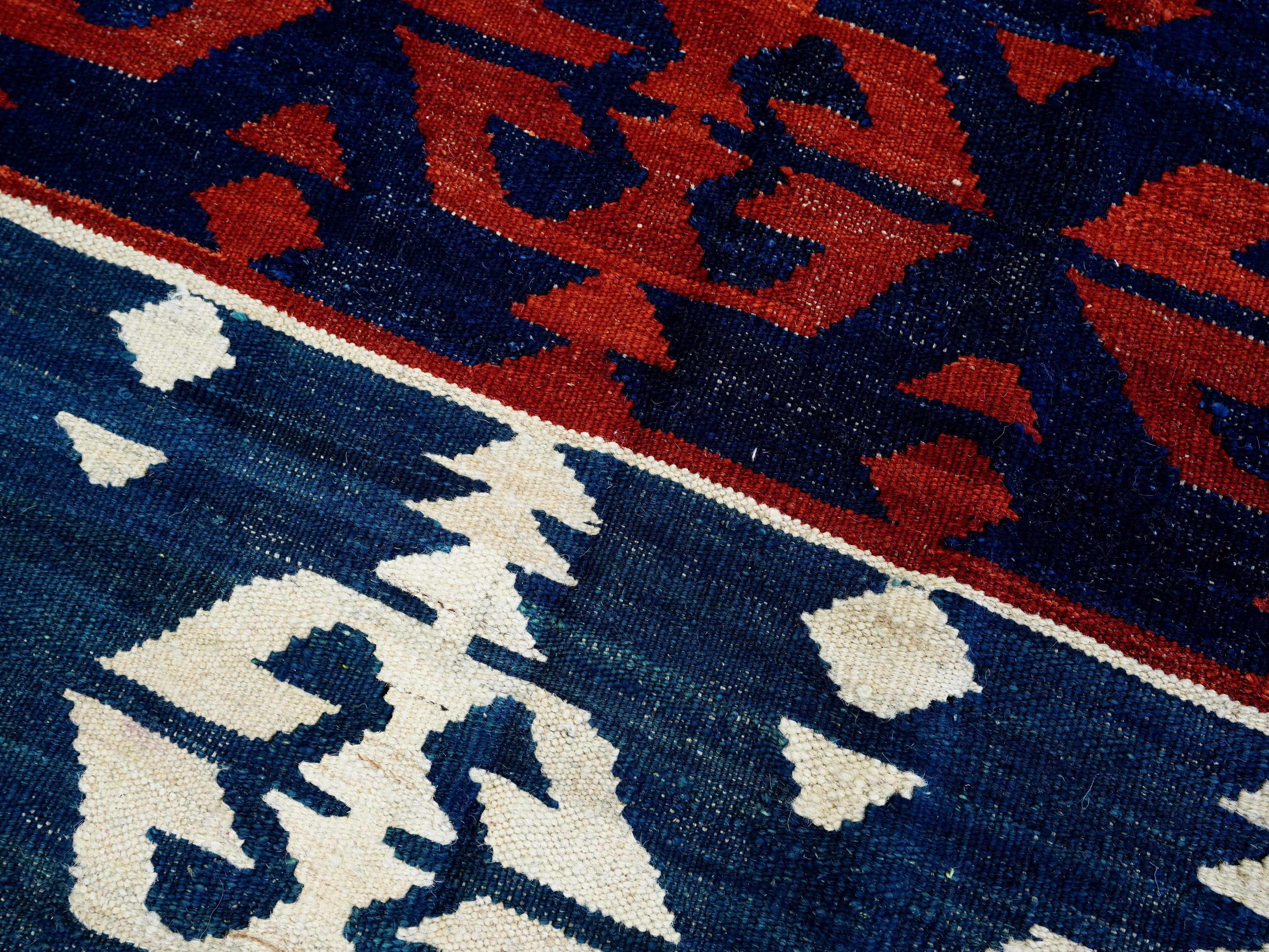 5x7 Ft Kilim Rug - Handwoven Blue & Red Afghan Flat Weave