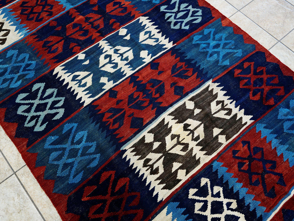 5x7 Ft Kilim Rug - Handwoven Blue & Red Afghan Flat Weave