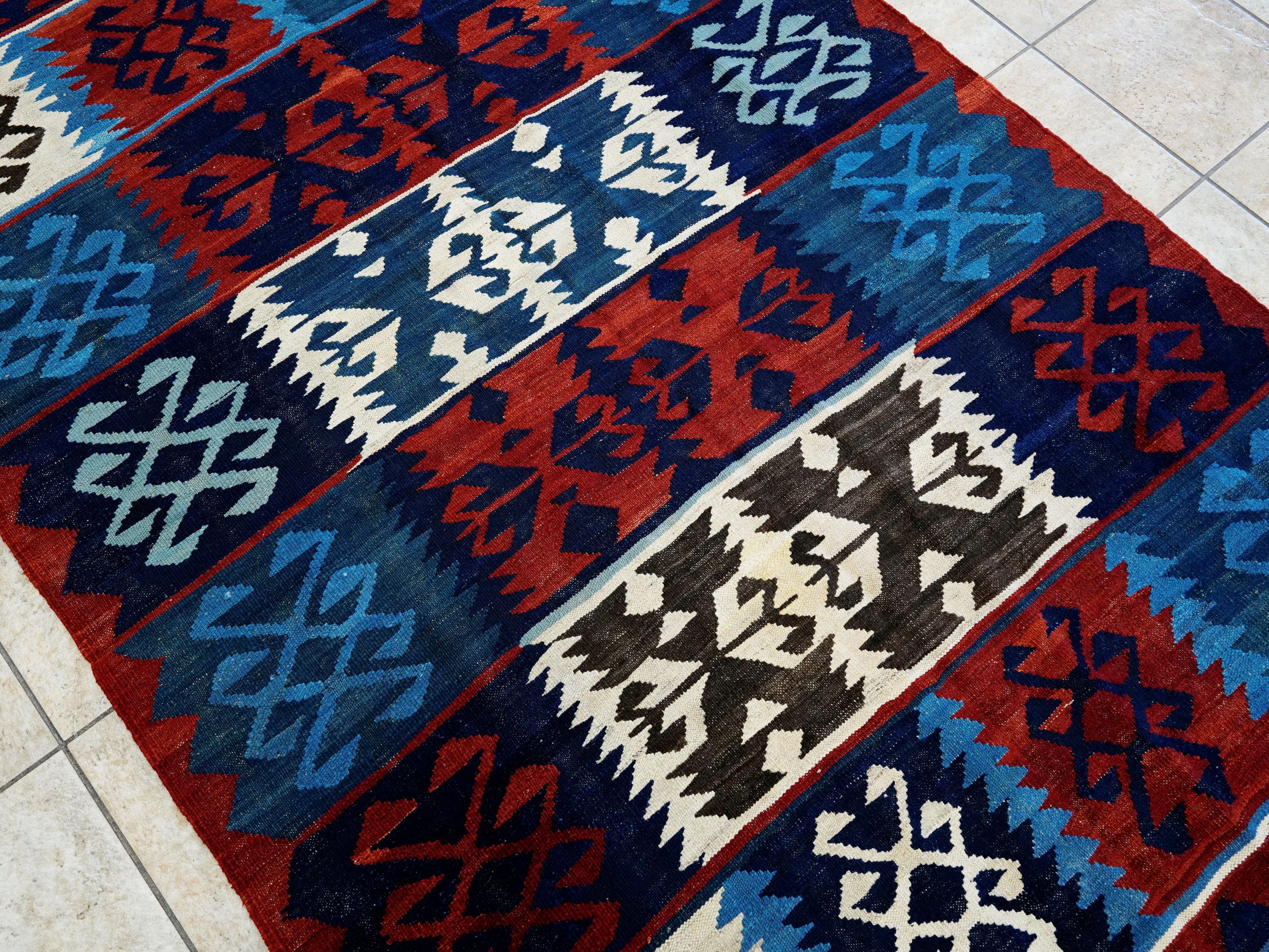 5x7 Ft Kilim Rug - Handwoven Blue & Red Afghan Flat Weave