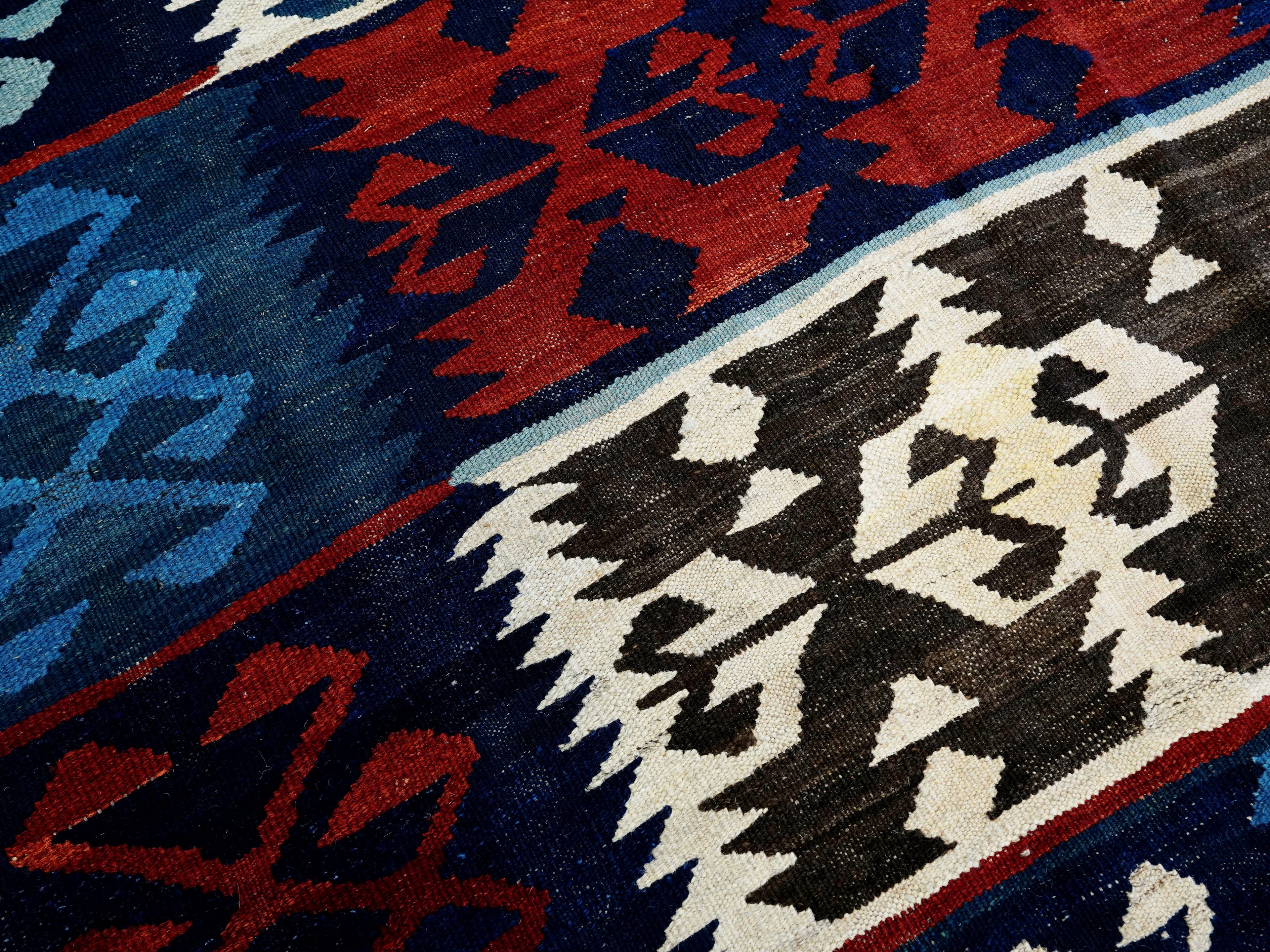 5x7 Ft Kilim Rug - Handwoven Blue & Red Afghan Flat Weave