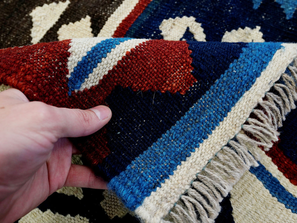5x7 Ft Kilim Rug - Handwoven Blue & Red Afghan Flat Weave