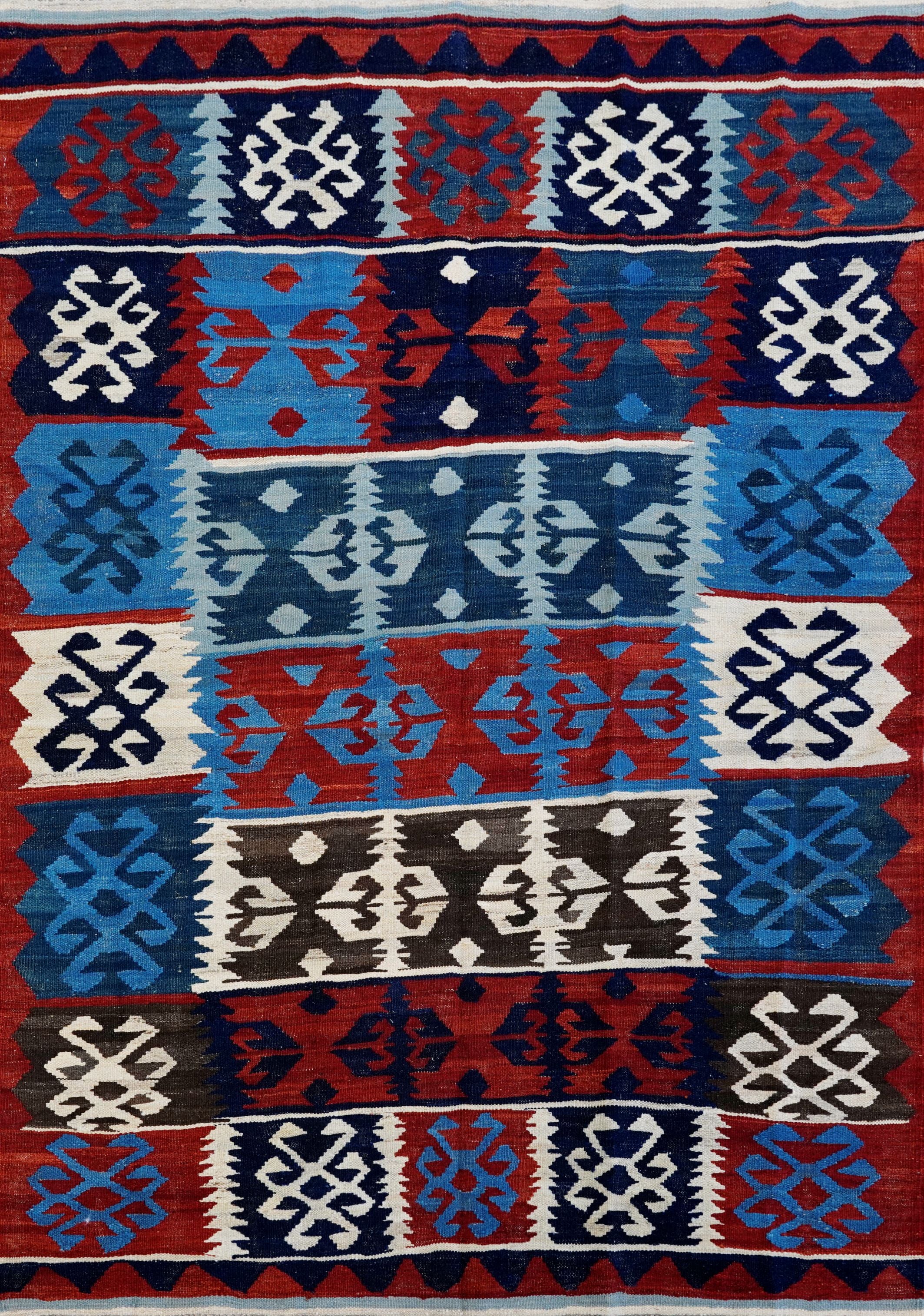 5x7 Ft Kilim Rug - Handwoven Blue & Red Afghan Flat Weave