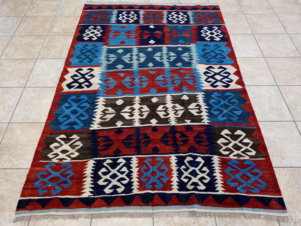 5x7 Ft Kilim Rug - Handwoven Blue & Red Afghan Flat Weave