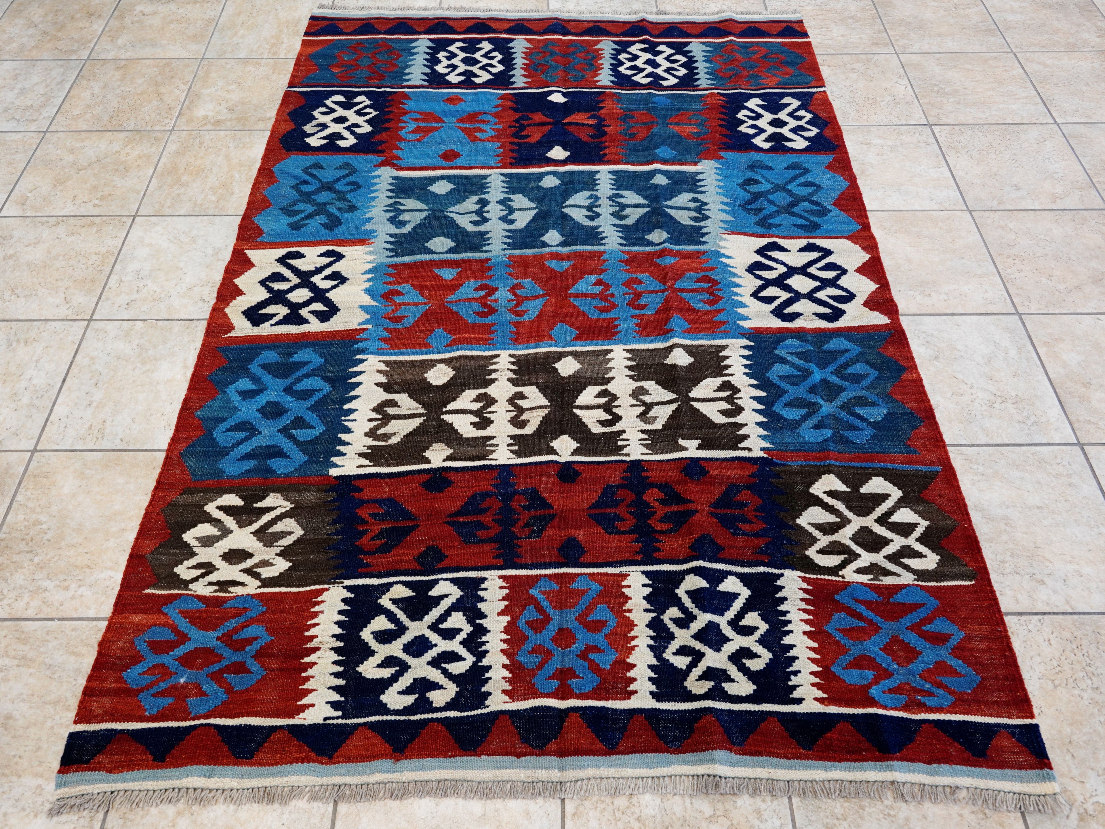 5x7 Ft Kilim Rug - Handwoven Blue & Red Afghan Flat Weave