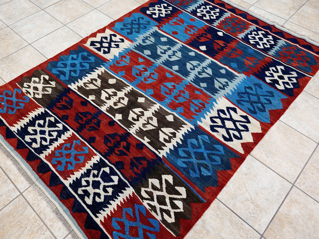 5x7 Ft Kilim Rug - Handwoven Blue & Red Afghan Flat Weave