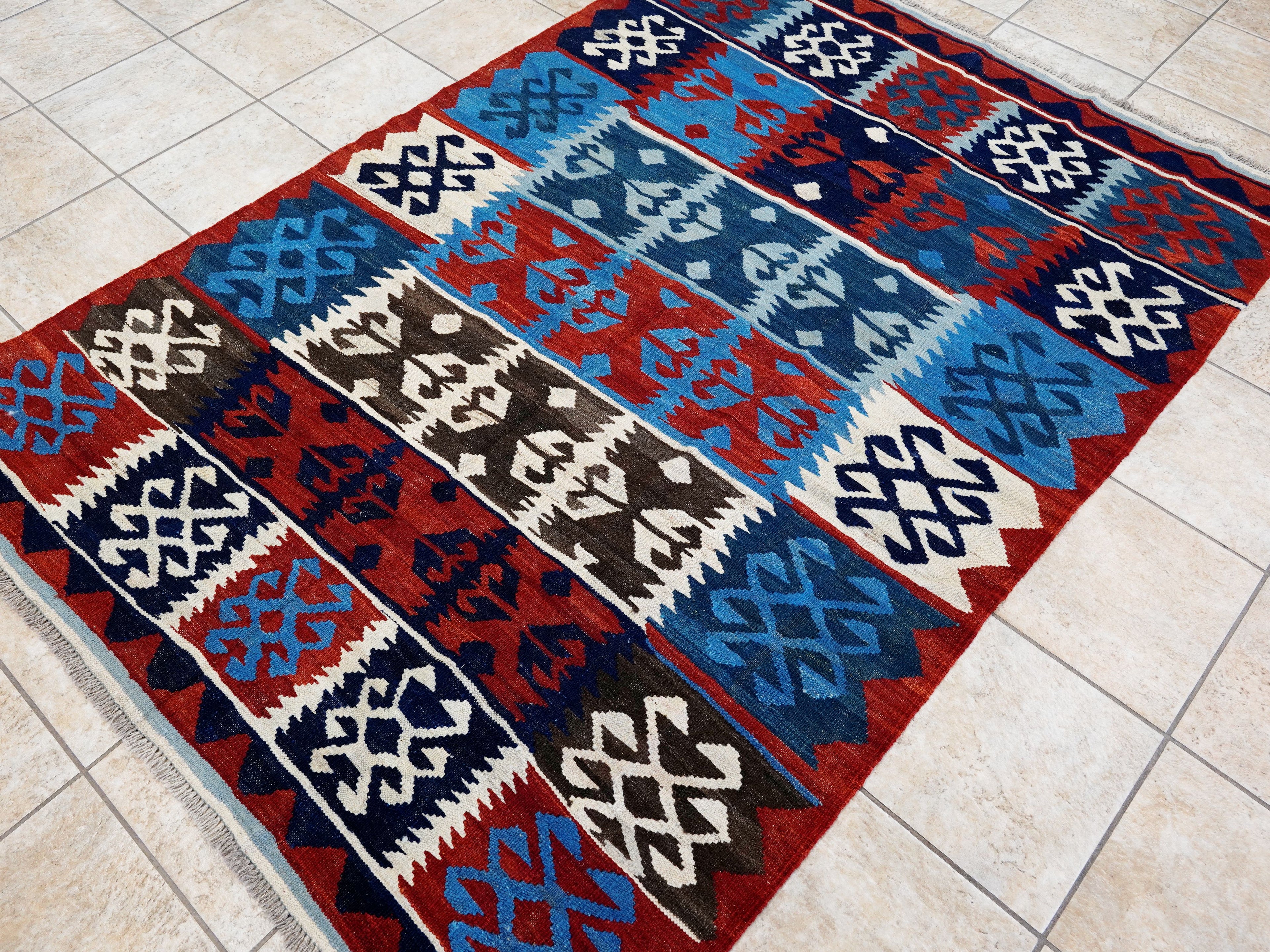 5x7 Ft Kilim Rug - Handwoven Blue & Red Afghan Flat Weave