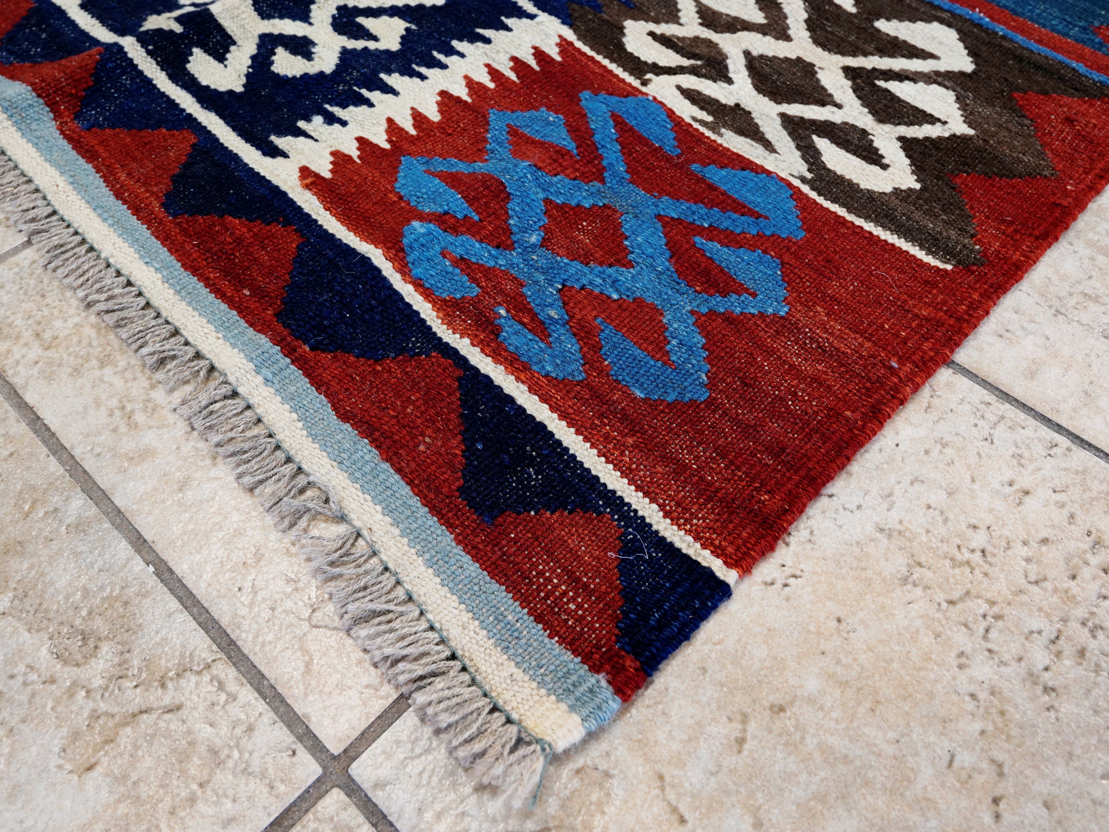 5x7 Ft Kilim Rug - Handwoven Blue & Red Afghan Flat Weave
