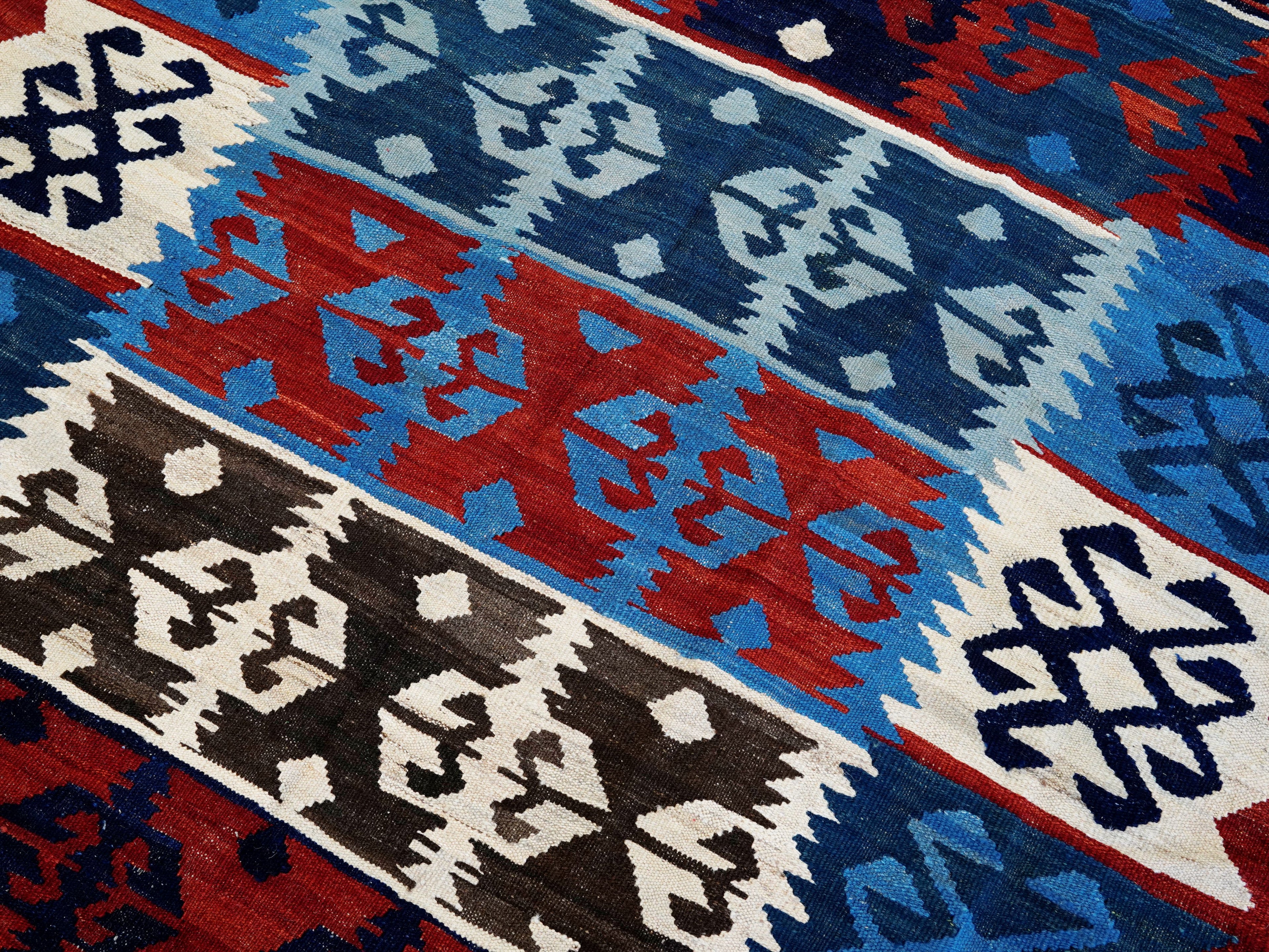 5x7 Ft Kilim Rug - Handwoven Blue & Red Afghan Flat Weave