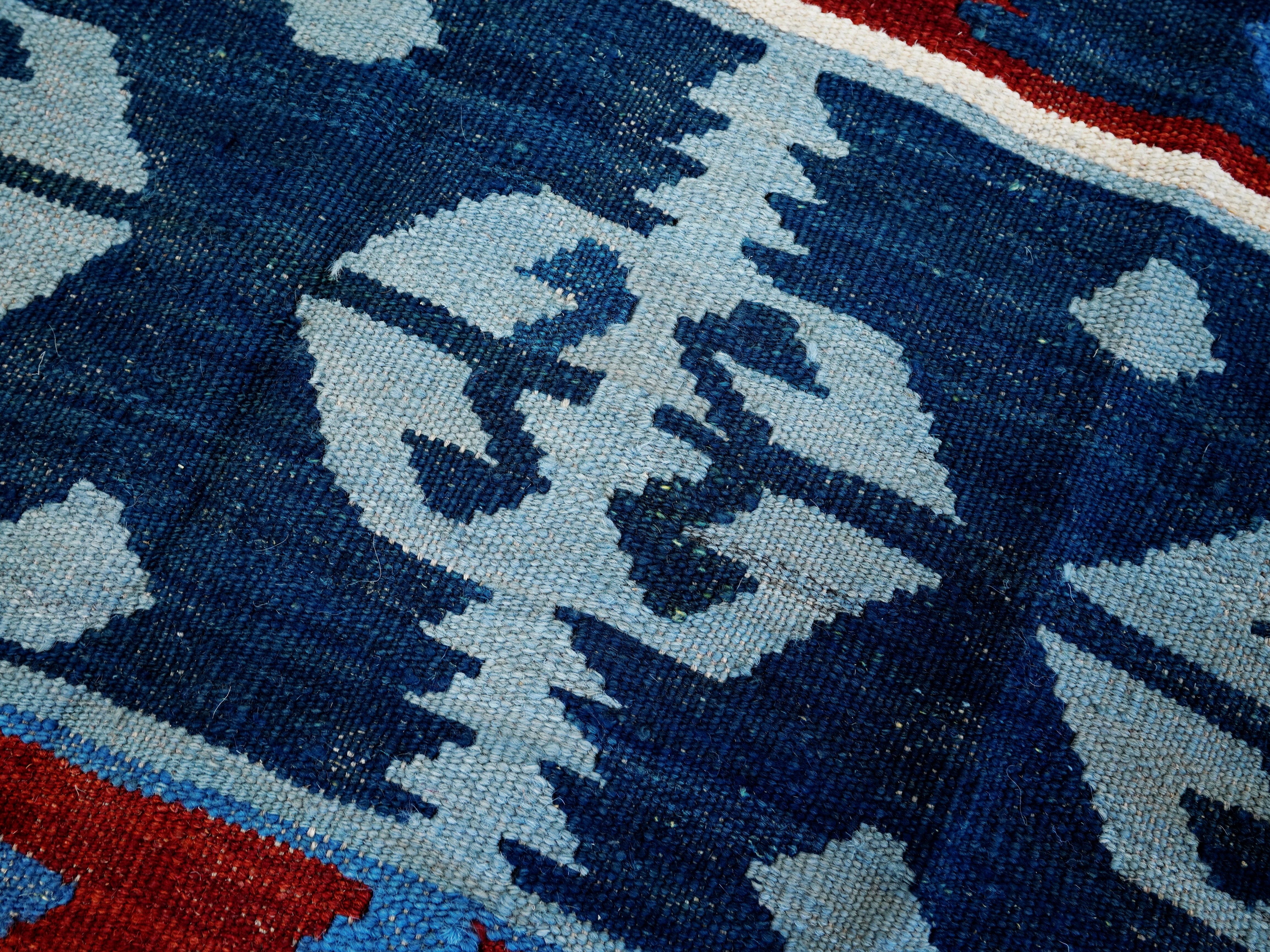5x7 Ft Kilim Rug - Handwoven Blue & Red Afghan Flat Weave