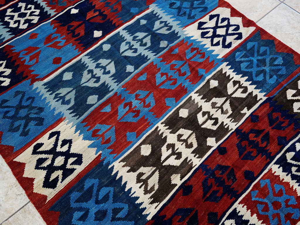 5x7 Ft Kilim Rug - Handwoven Blue & Red Afghan Flat Weave