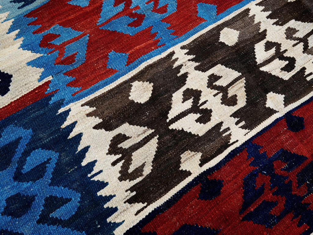 5x7 Ft Kilim Rug - Handwoven Blue & Red Afghan Flat Weave
