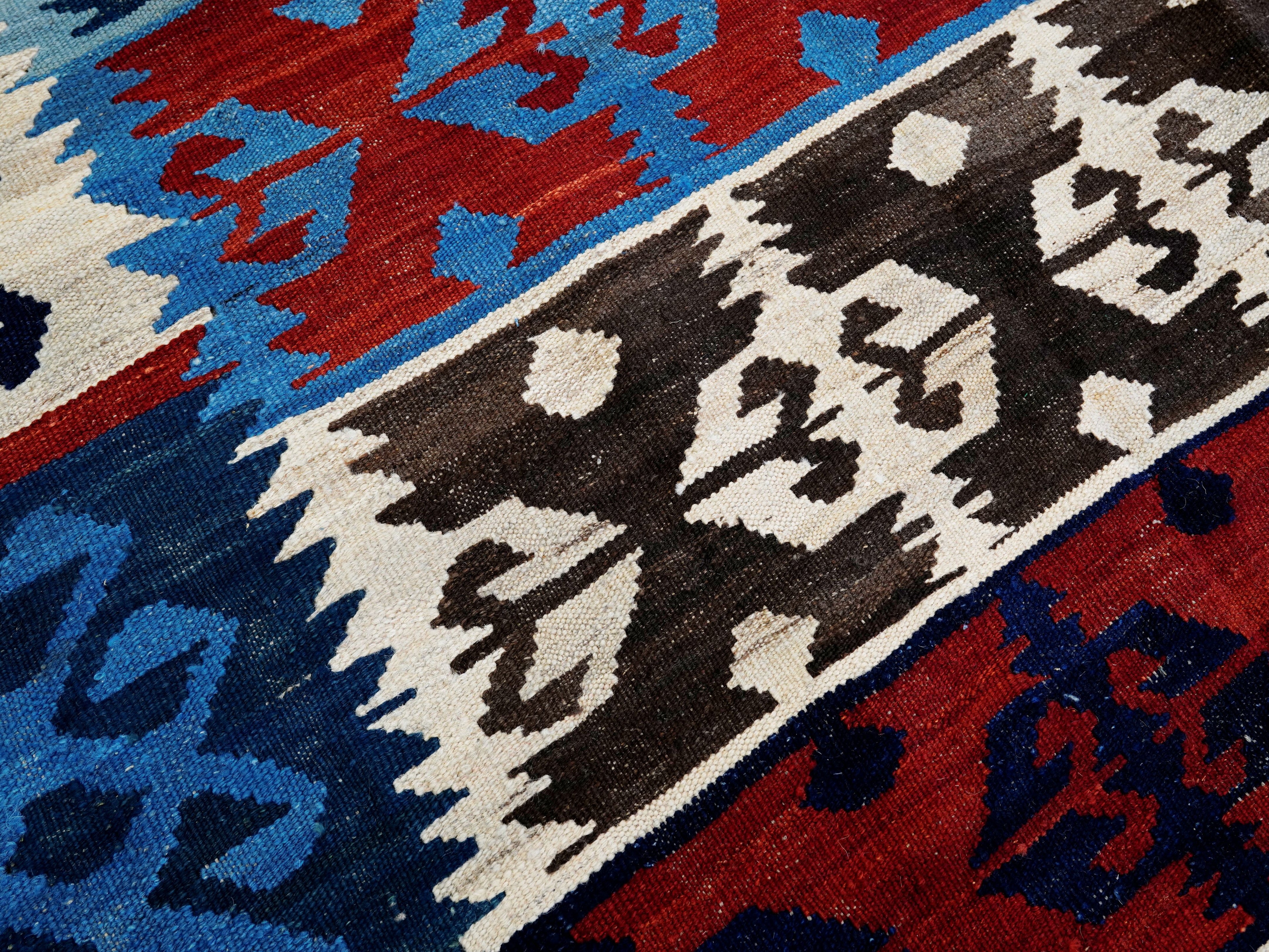 5x7 Ft Kilim Rug - Handwoven Blue & Red Afghan Flat Weave