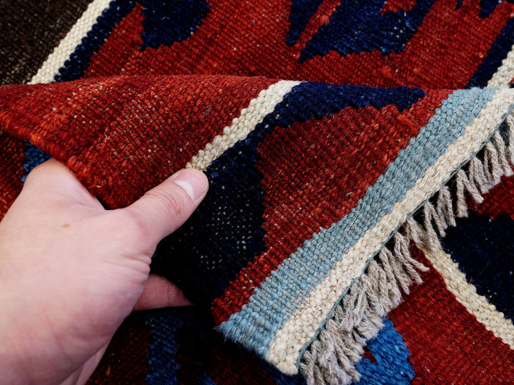 5x7 Ft Kilim Rug - Handwoven Blue & Red Afghan Flat Weave