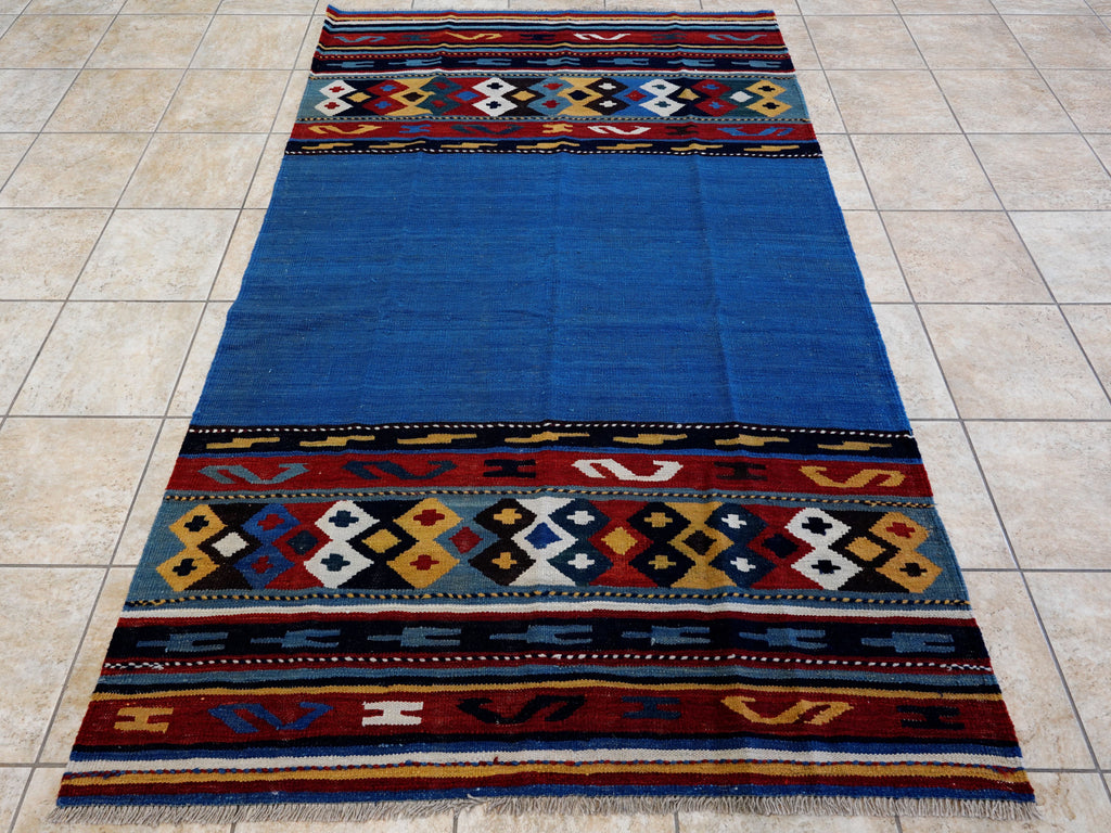 5x8 Ft Blue Kilim Rug - Handwoven Tribal Flatweave