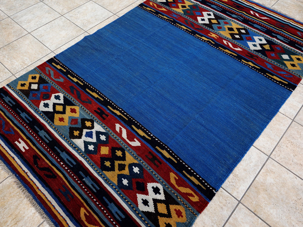 5x8 Ft Blue Kilim Rug - Handwoven Tribal Flatweave