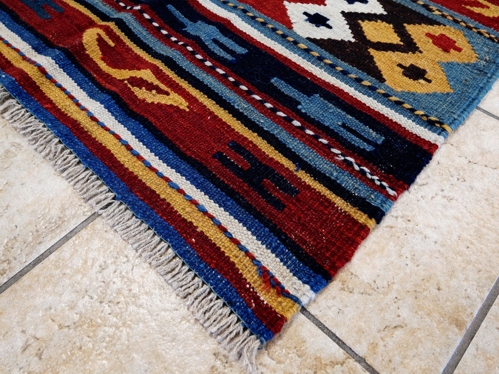 5x8 Ft Blue Kilim Rug - Handwoven Tribal Flatweave