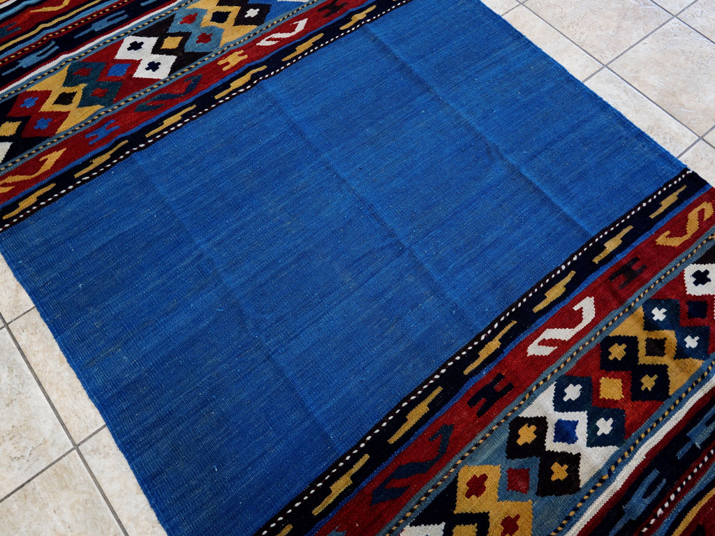 5x8 Ft Blue Kilim Rug - Handwoven Tribal Flatweave