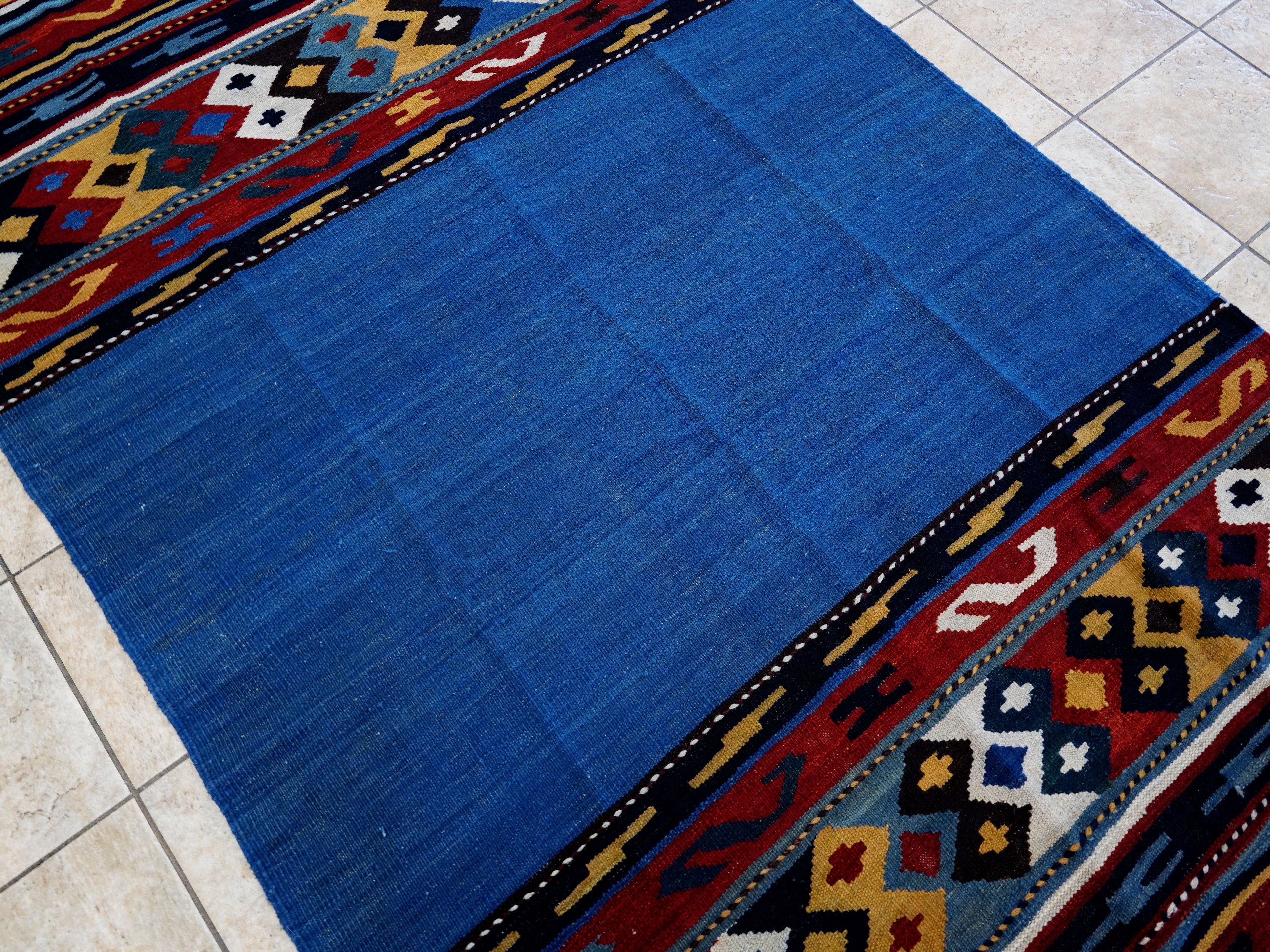 5x8 Ft Blue Kilim Rug - Handwoven Tribal Flatweave