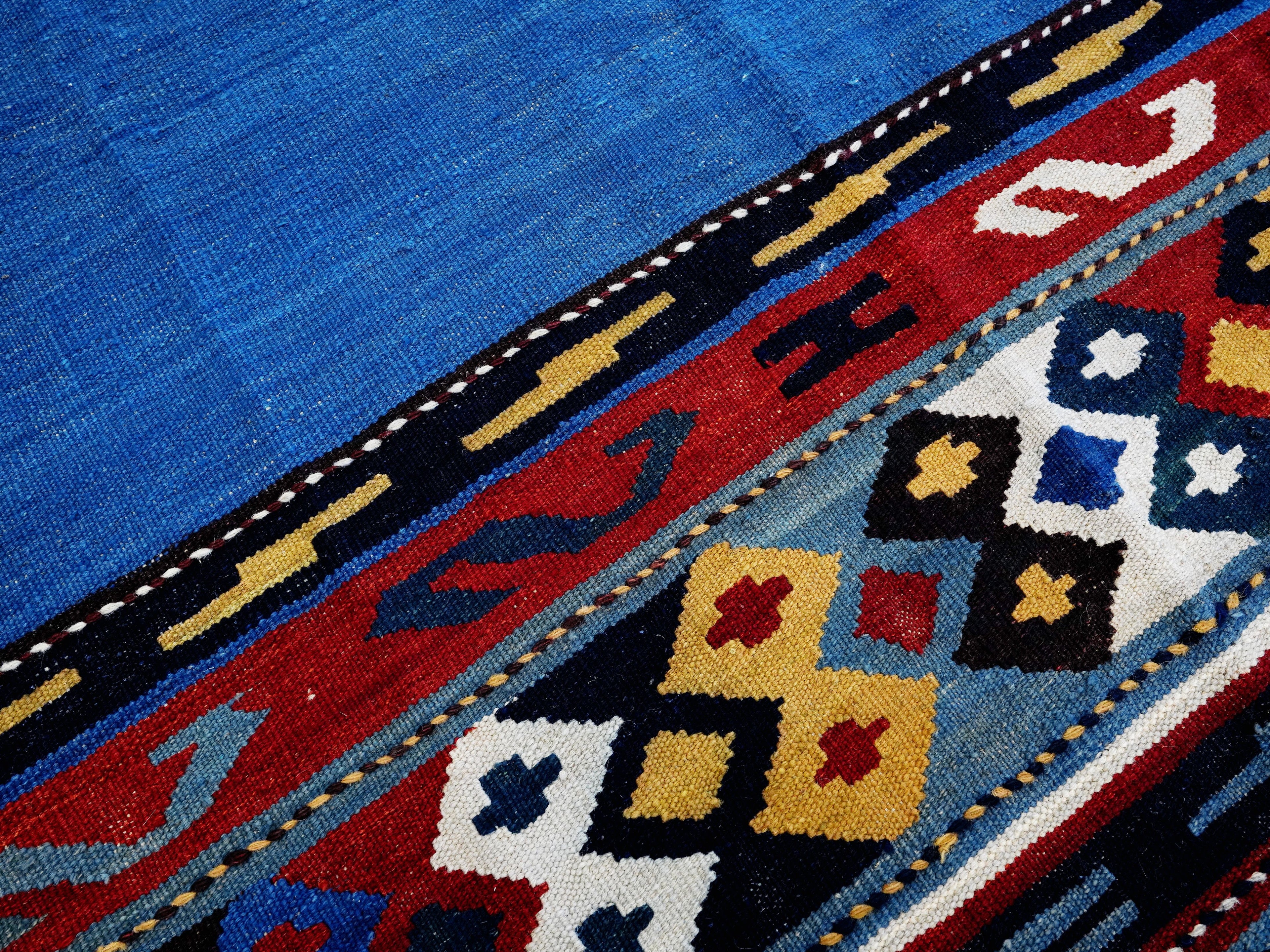 5x8 Ft Blue Kilim Rug - Handwoven Tribal Flatweave