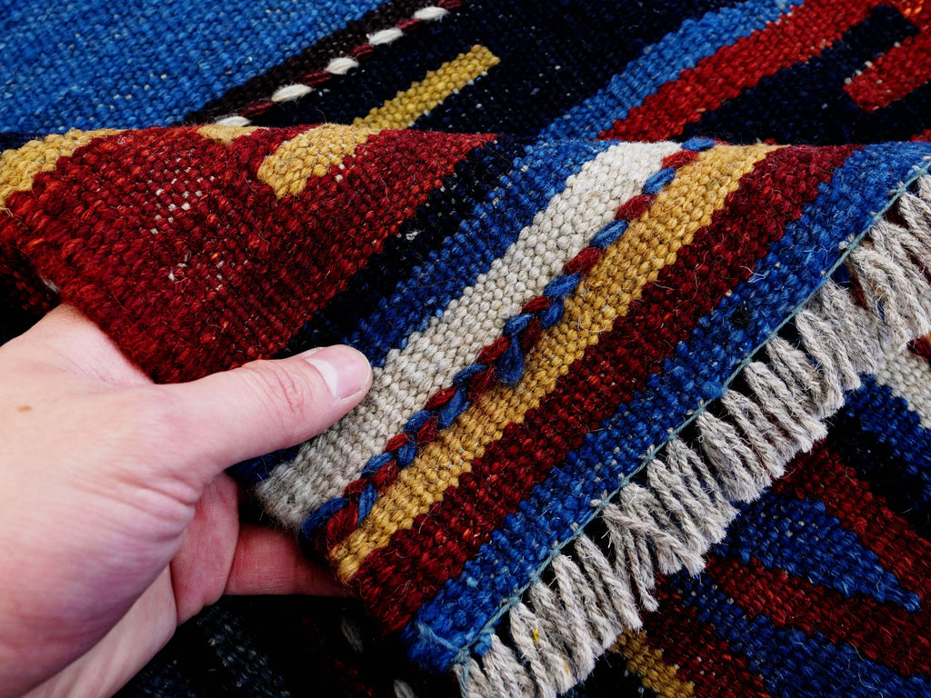 5x8 Ft Blue Kilim Rug - Handwoven Tribal Flatweave