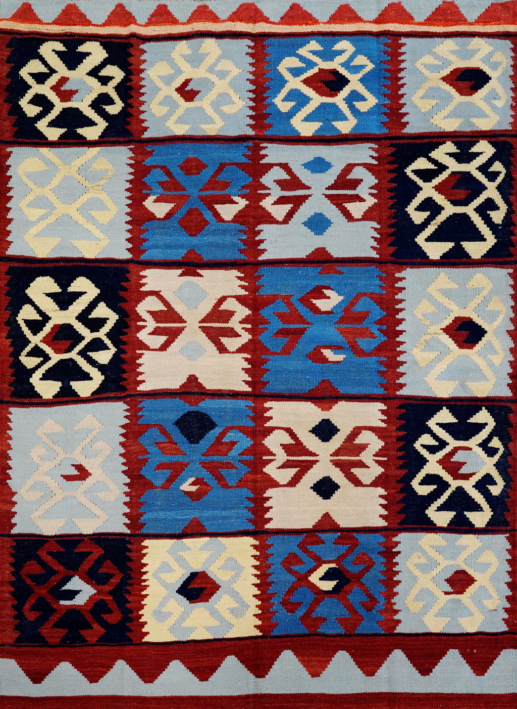 5x7 Ft Blue & Red Kilim Rug - Handwoven Afghan Flat Weave