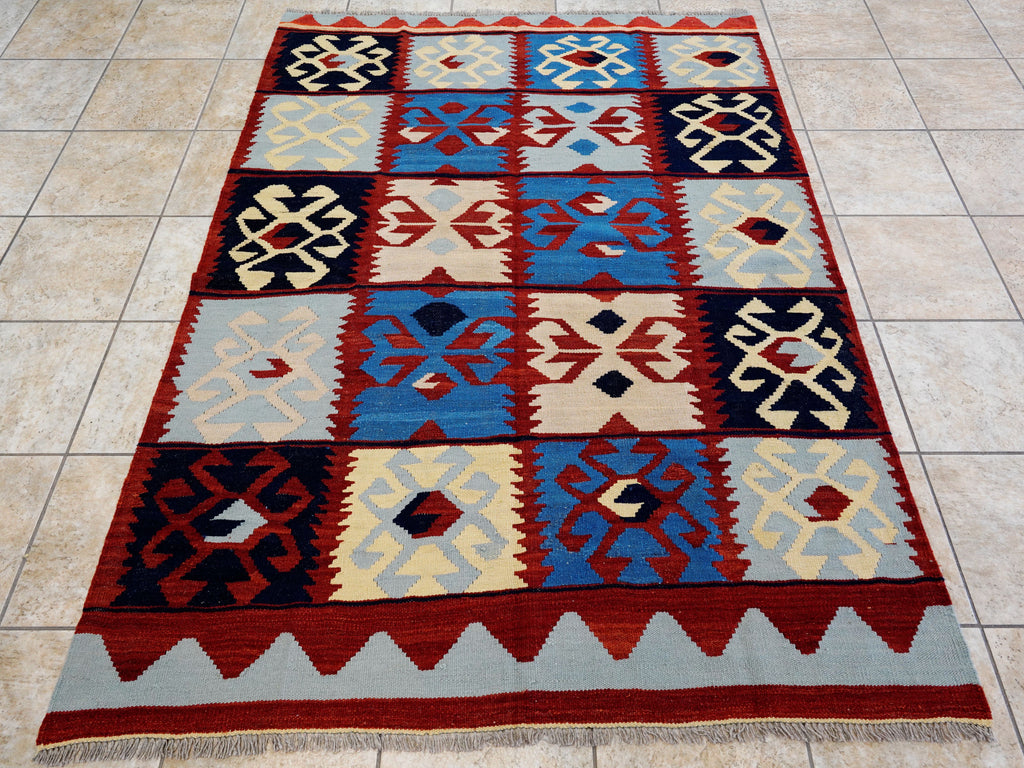 5x7 Ft Blue & Red Kilim Rug - Handwoven Afghan Flat Weave