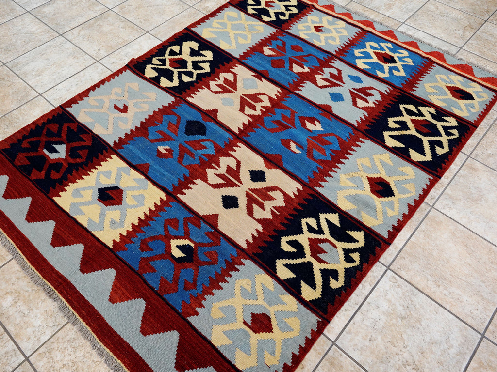 5x7 Ft Blue & Red Kilim Rug - Handwoven Afghan Flat Weave