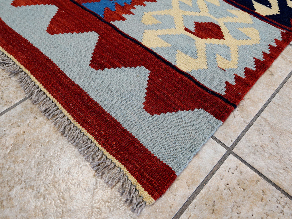 5x7 Ft Blue & Red Kilim Rug - Handwoven Afghan Flat Weave