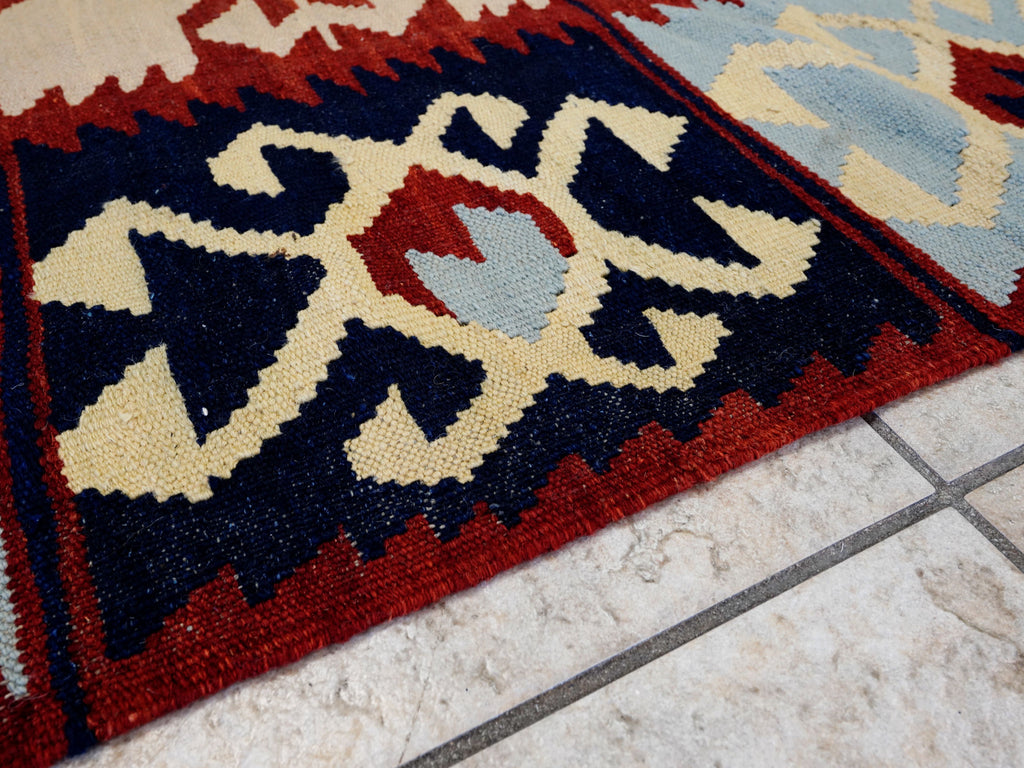 5x7 Ft Blue & Red Kilim Rug - Handwoven Afghan Flat Weave