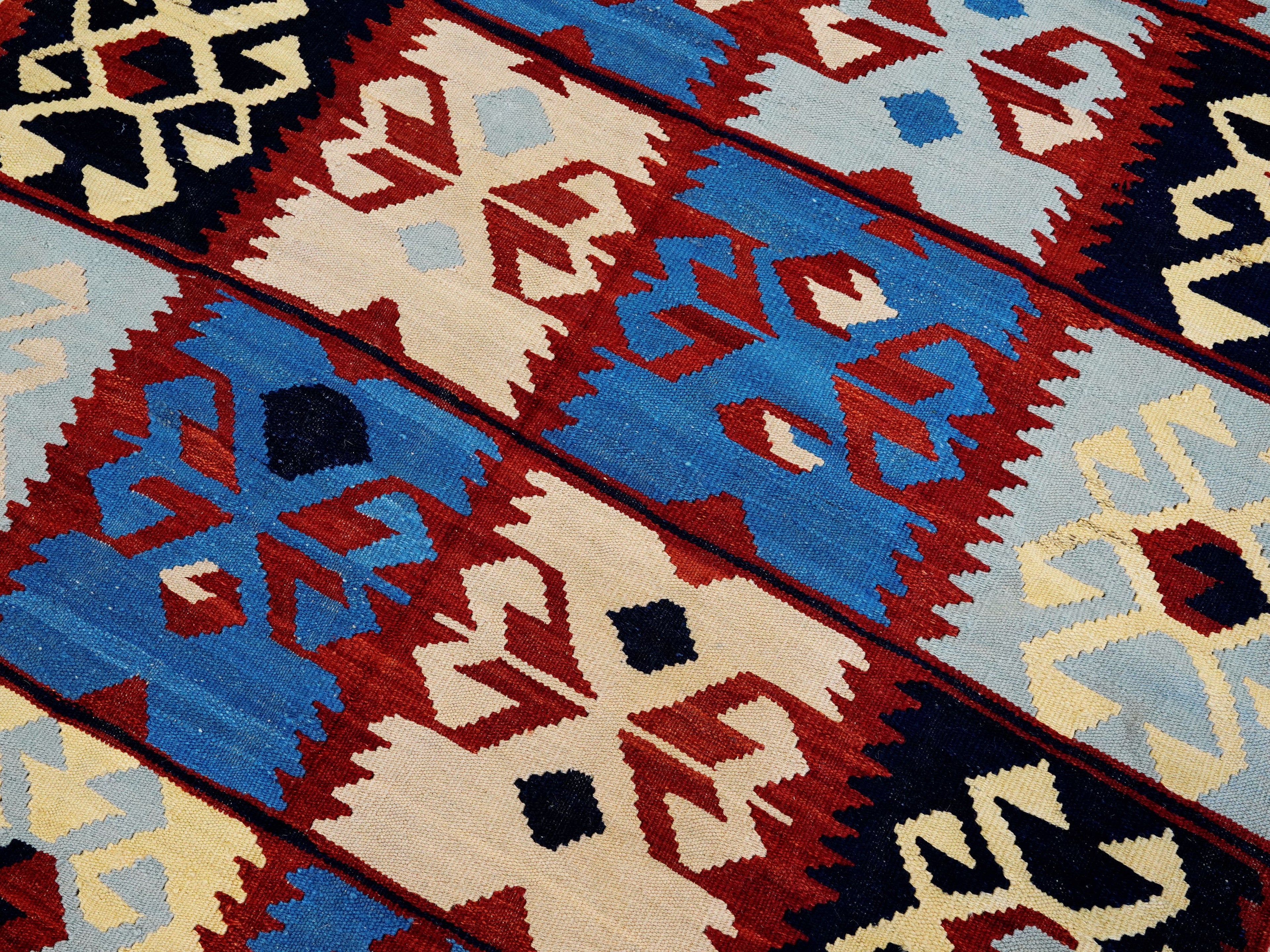 5x7 Ft Blue & Red Kilim Rug - Handwoven Afghan Flat Weave